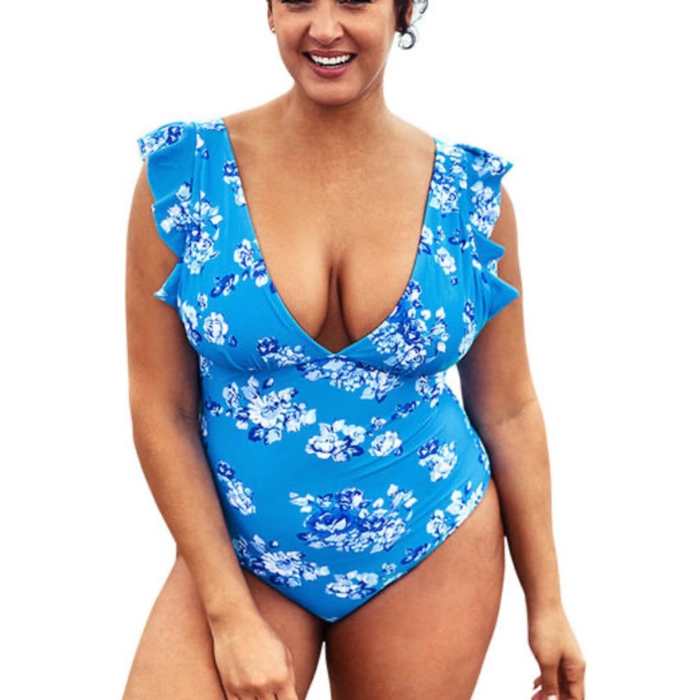 Blue Floral Ruffle Swimsuit Deep V-Neck detail (Plus Size)